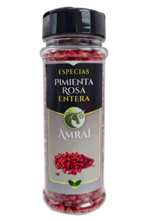 AMRAI Pimienta Rosa Entera, especias, frasco de 36 g con tapa negra.