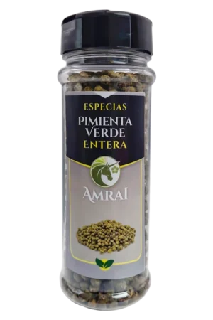 AMRAI Pimienta Verde Entera, especias, frasco de 40 g con tapa negra.