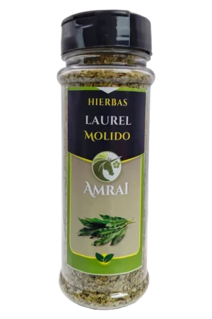 AMRAI Laurel Molido, hierbas, frasco de 50 g con tapa negra.