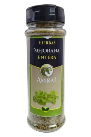 AMRAI Mejorana Entera, hierbas, frasco de 22 g con tapa negra.