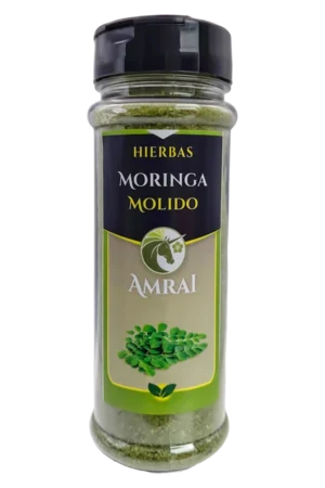 AMRAI Hojas de Moringa Molidas, hierbas, frasco de 45 g con tapa negra.