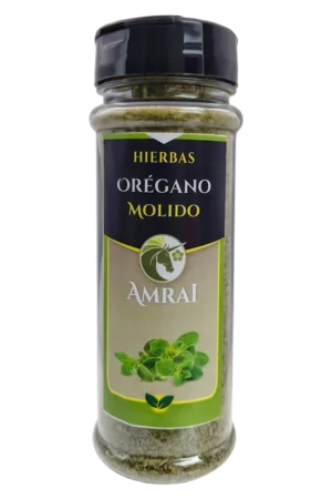 AMRAI Orégano Molido, hierbas, frasco de 38 g con tapa negra.