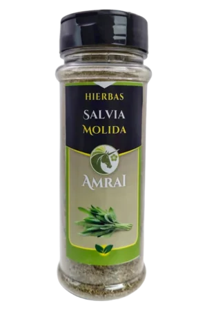 AMRAI Salvia Molida, hierbas, frasco de 30 g con tapa negra.