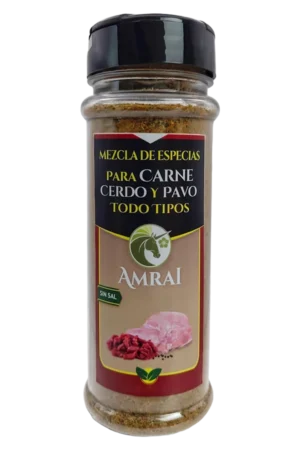 AMRAI Mezcla de Especias Para Carne De Cerdo Y Pavo De Todo Tipo, frasco de 45 g con tapa negra, sin sal.