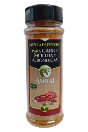 AMRAI Mezcla de Especias Para Carne Molida Y Albóndigas, frasco de 63 g con tapa negra, sin sal.