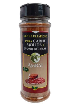 AMRAI Mezcla de Especias Para Carne Molida Y Hamburguesas, frasco de 54 g con tapa negra, sin sal.