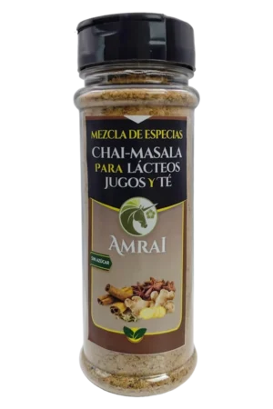 AMRAI Mezcla de Especias Chai Masala Para Lacteos, Jugos Y Te, frasco de 69 g con tapa negra, sin azúcar.