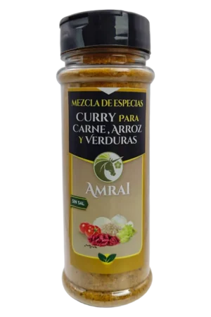 AMRAI Mezcla de Especias Curry Para Carne, Arroz Y Verduras, frasco de 63 g con tapa negra, sin sal.