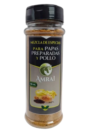 AMRAI Mezcla de Especias Para Papas Preparadas Y Para Pollo, frasco de 63 g con tapa negra, sin sal.
