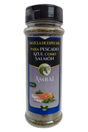 AMRAI Mezcla de Especias Para Pescado Azul Como Salmon, frasco de 36 g con tapa negra, sin sal.