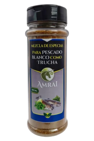 AMRAI Mezcla de Especias Para Pescado Blanco Como Trucha, frasco de 54 g con tapa negra, sin sal.