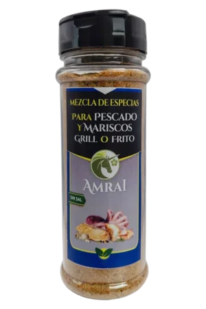 AMRAI Mezcla de Especias Para Pescado Y Mariscos Grill O Frito, frasco de 54 g con tapa negra, sin sal.